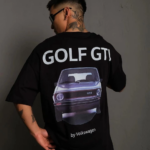 Erkek Oversize Baskılı Tişört Golf GTI Retro Araba Desenli Ön Arka Dijital Baskı - Siyah