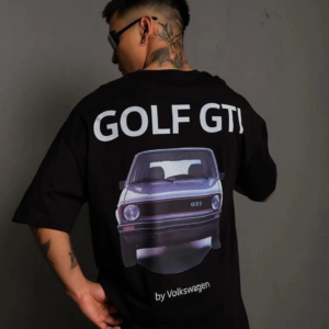 Erkek Oversize Baskılı Tişört Golf GTI Retro Araba Desenli Ön Arka Dijital Baskı - Siyah