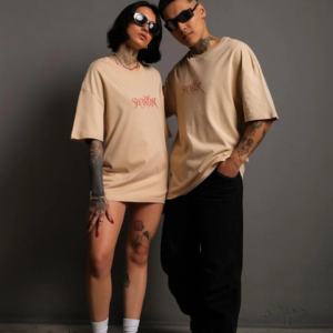 Erkek Sırt Baskılı Oversize T-shirt - Bej