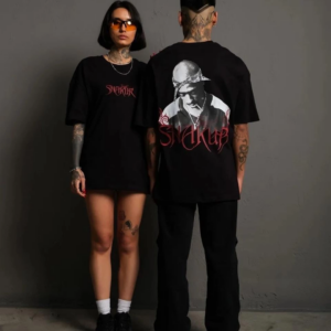 Erkek Oversize Tişört Beyaz 24/1 Penye Bisiklet Yaka Ön Arka Baskılı - Siyah