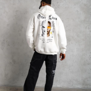 Erkek Oversize Üç İplik Şardonlu Kapüşonlu Sweatshirt Beyaz Other Lives Ön ve Arka Baskılı