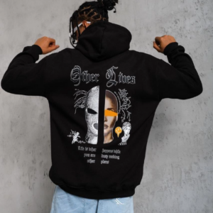 Erkek Kapşonlu Sweatshirt Oversize Üç İplik Şardonlu Other Lives Ön Arka Baskılı - Siyah