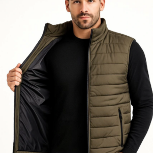 Erkek Şişme Fermuarlı Yelek Su itici Kapitone Astarlı Cepli Hafif Spor Kalıp - Haki