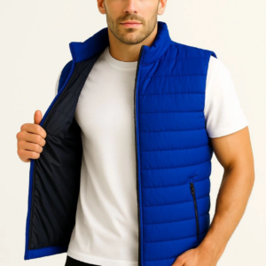 Erkek Şişme Fermuarlı Yelek Su itici Kapitone Astarlı Cepli Hafif Spor Kalıp - Saks Mavisi