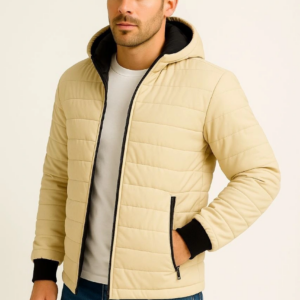 Erkek Şişme Kapüşonlu Fermuarlı Mont Su itici Kapitone Astarlı Kumaş Cepli Kışlık Rahat Kalıp - Bej