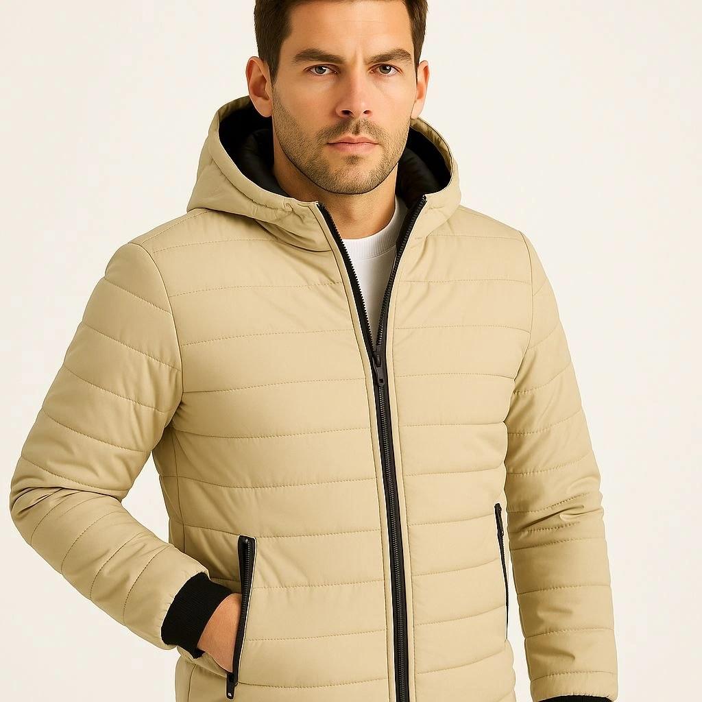 Erkek Şişme Kapüşonlu Fermuarlı Mont Su itici Kapitone Astarlı Kumaş Cepli Kışlık Rahat Kalıp - Bej - Görsel 3