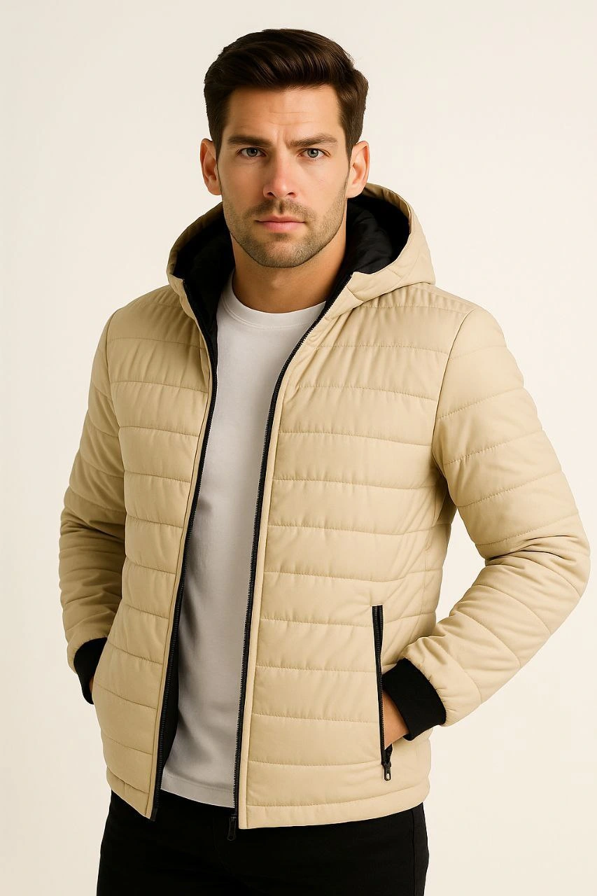 Erkek Şişme Kapüşonlu Fermuarlı Mont Su itici Kapitone Astarlı Kumaş Cepli Kışlık Rahat Kalıp - Bej - Görsel 4