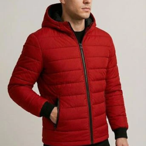 Erkek Şişme Kapüşonlu Fermuarlı Mont Su itici Kapitone Astarlı Cepli Kalıp - Kırmızı