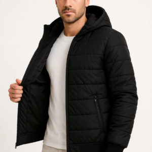 Erkek Şişme Kapüşonlu Fermuarlı Mont Su itici Kapitone Astarlı Cepli Kalıp - Siyah