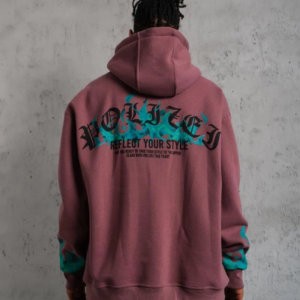 Erkek Üç İplik içi Pamuklu Alev Baskılı Kapüşonlu Sweatshirt - Gül Kurusu