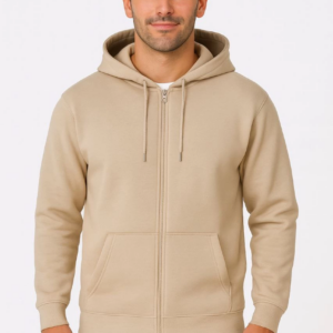 Erkek Üç İplik Kapüşonlu Tam Fermuarlı Kanguru Çepli SweatShirt Hoodie - Bej