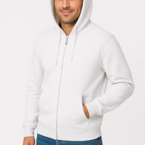 Erkek Üç İplik Kapüşonlu Tam Fermuarlı Kanguru Cepli SweatShirt Hoodie - Beyaz