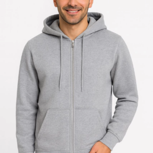 Erkek Üç İplik Kapüşonlu Tam Fermuarlı Kanguru Çepli SweatShirt Hoodie - Gri
