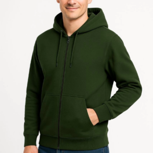 Erkek Üç İplik Kapüşonlu Tam Fermuarlı Kanguru Cepli Sweatshirt Hoodie - Haki