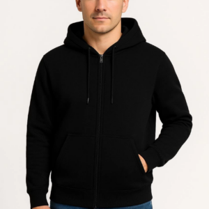 Erkek Üç İplik Kapüşonlu Tam Fermuarlı Kanguru Çepli SweatShirt Hoodie - Siyah
