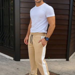 Erkek Üç İplik Kışlık Pamuklu Yandan Garneli Kalın Şeritli Cepli Eşofman Altı - Bej