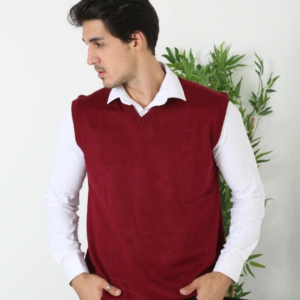 Erkek V Yaka Kolsuz Süveter Triko Kazak yumuşak dokulu Pamuklu ince Dokuma Regular - Bordo