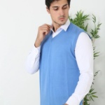 Erkek V Yaka Kolsuz Süveter Triko Kazak yumuşak dokulu Pamuklu ince Dokuma Regular - Mavi