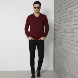 Erkek V Yaka Triko Kazak yumuşak dokulu Pamuklu ince Dokuma uzun kollu Regular - Bordo