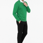 Erkek V Yaka Triko Kazak yumuşak dokulu Pamuklu ince Dokuma uzun kollu - Çimen Yeşili