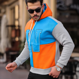 Erkek W Nakış İşlemeli Kapüşonlu Sweatshirt - Mavi
