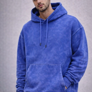 Erkek Yağ Yıkamalı Kapşonlu Double Oversize Üç İplik Pamuklu Sweatshirt - Mavi