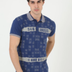 Erkek Yakalı Slim Fit Baskılı T-Shirt - Mavi