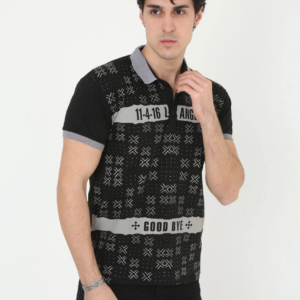 Erkek Yakalı Slim Fit Baskılı T-Shirt - Siyah