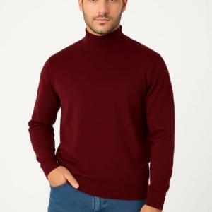 Erkek Yarım Boğaz Triko Kazak yumuşak dokulu Pamuklu ince Dokuma uzun kollu - Bordo