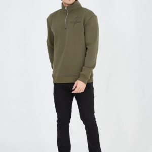 Erkek Yarım Fermuarlı Baskılı Sweat - Yeşil