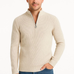 Erkek Yarım Fermuarlı Triko Kazak Selanik Örgü Dik Yaka Pamuklu Dokuma Regular Fit - Bej