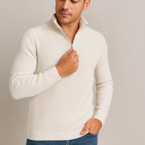 Erkek Yarım Fermuarlı Triko Kazak Selanik Örgü Dik Yaka Pamuklu Dokuma Regular Fit - Beyaz