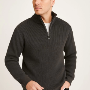 Erkek Yarım Fermuarlı Triko Kazak Selanik Örgü Dik Yaka Pamuklu Dokuma Regular Fit - Füme