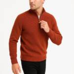 Erkek Yarım Fermuarlı Triko Kazak Selanik Örgü Dik Yaka Pamuklu Dokuma Regular - Kiremit