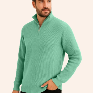 Erkek Yarım Fermuarlı Triko Kazak Selanik Örgü Dik Yaka Pamuklu Dokuma - Mint Yeşili