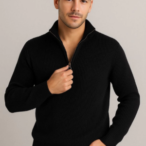 Erkek Yarım Fermuarlı Triko Kazak Selanik Örgü Dik Yaka Pamuklu Dokuma Regular Fit - Siyah