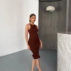 Fırfır Detaylı Triko Elbise- Kahverengi