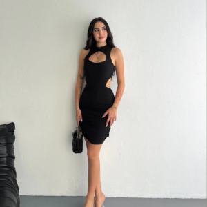 Göğüs ve Yanlar dekolteli Kolsuz Boy Elbise - Siyah