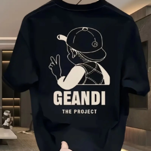 Geniş Kesim Pamuklu Tişört - "GANDHI The Project" Baskılı Siyah Kesim Kısa Kollu - Siyah