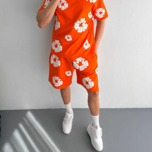 İki İplik Kumaş Baskılı T-shirt Şortlu Takım- Turuncu
