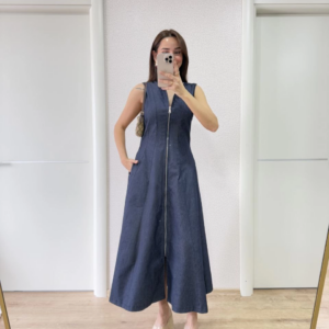 Jeans Kot Önü Tam Fermuarlı Kadın Uzun Elbise - Mavi