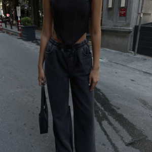 Kadın Arkadan Yırtmaçlı Jeans Kot Palazzo Pantolon - Siyah