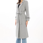 Kadın Balık Sırtı Kaşe Kaban Uzun Boy Kruvaze Yaka Kuşaklı Astarlı Tesettür Kaban - Gri