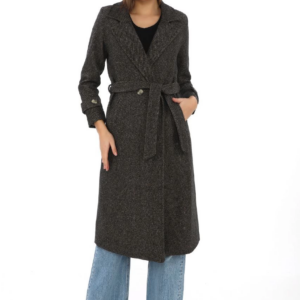 Kadın Astarlı Balık Sırtı Kaşmir Kaşe Kaban - Kahverengi