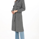 Kadın Balık Sırtı Kaşmir Uzun Kaşe Kaban - Boyalı Gri