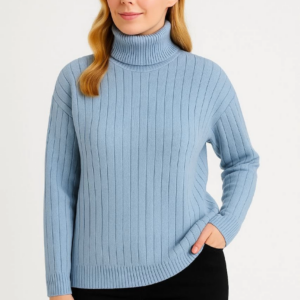 Kadın Balıkcı Yaka Bağazlı Triko Kazak Pamuklu Kalın Fitilli Dokuma - Bebek Mavisi