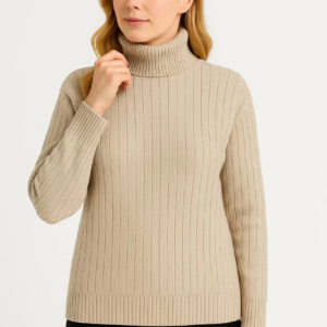 Kadın Balıkcı Yaka Bağazlı Triko Kazak Pamuklu Kalın Fitilli Dokuma - Bej