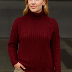 Kadın Balıkcı Yaka Bağazlı Triko Kazak Pamuklu Kalın Fitilli Dokuma - Bordo