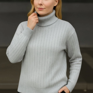 Kadın Balıkcı Yaka Bağazlı Triko Kazak Pamuklu Kalın Fitilli Dokuma - Gri