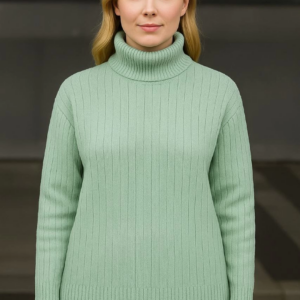 Kadın Balıkcı Yaka Bağazlı Triko Kazak Pamuklu Kalın Fitilli Dokuma - Mint Yeşili